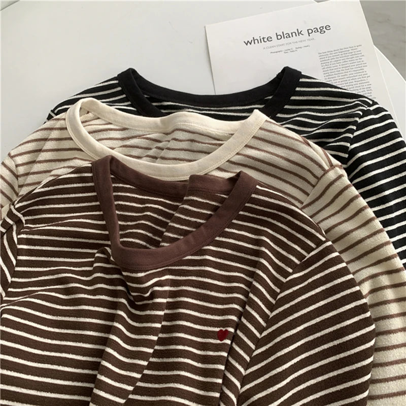 Cyflymder  Love Embroidery Striped Sweatshirt Women Casual O Neck Cute Pullovers Korean Fashion Loose Long Sleeve Sweet Elegant Tops