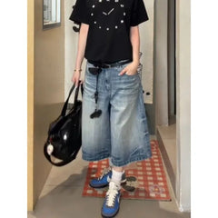 Cyflymder  American Vibe Retro Plus Size High Waist Denim Capri Pants Women Distressed Frayed Wide Leg Capri Pants Streetwear Daily Outfit