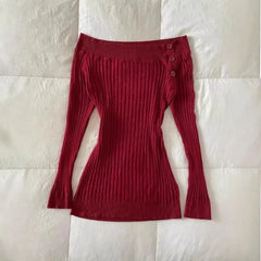 Cyflymder  Fashion American Vintage Slash Neck Knitted Sweaters Y2k Solid Simple French Streetwear Pullover Casual Autumn Women Clothes