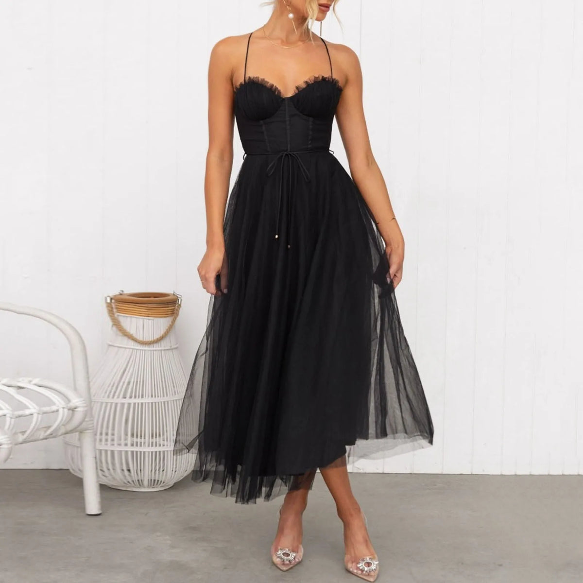 Cyflymder  Women Wedding Dress Tulle Spaghetti Strap Elegant Sleeveless Long Dress Large Swing Deep V-Neck Sexy Backless Party Dress