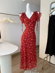 Cyflymder  Women's Summer Elegant V Neck Ruffles Sleeve Floral Long Dress Lady Streetwear Holiday Strap Slim Long Dress