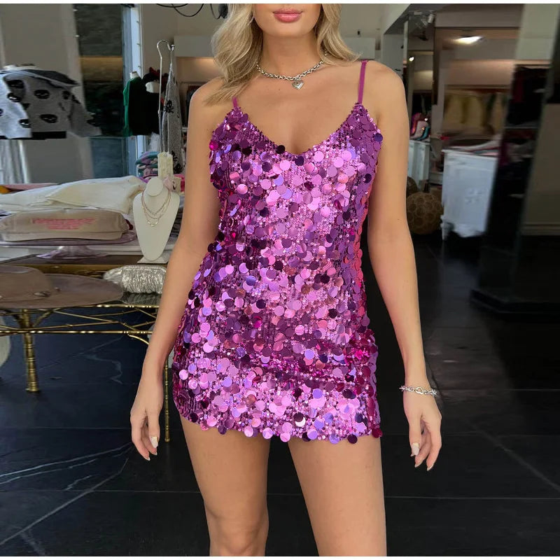 Cyflymder  Sequins Glitter Evening Party Mini Dress Women Sleeveless Backless Slim Zipper Sexy Shining Dresses A-line Solid Sexy Lady Robe