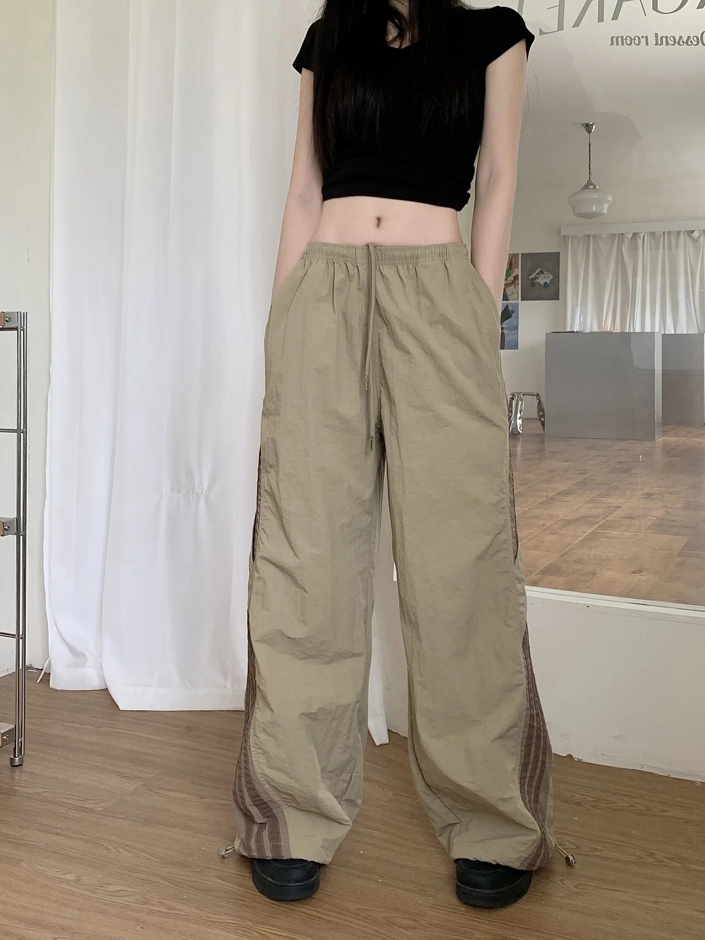 Cyflymder  Summer Thin Striped Men's Sweatpants Trendy Brand Loose-Fit Cargo Pants Casual Straight-Leg Pants Three-Stripe Ice Silk Quick-Dr