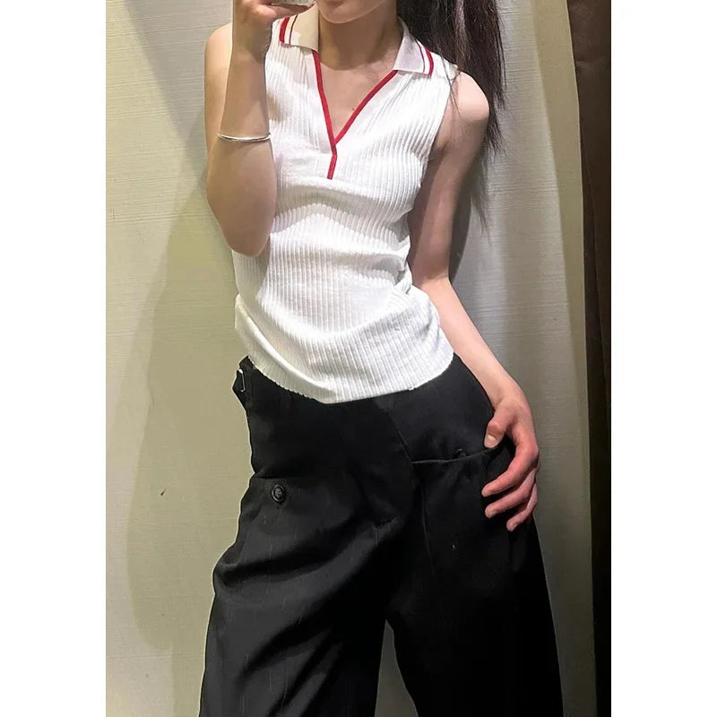 Cyflymder  French American Retro Knitted Sleeveless Neck Hanging Vest Women Summer New Color Collision Outerwear Top Polyester Blend
