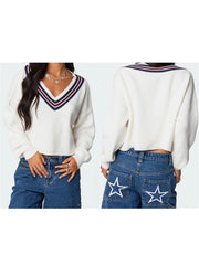 Cyflymder  Women s Cozy Oversized Sweaters with V Neckline and Striped Detailing Perfect for Fall and Winter Fashion