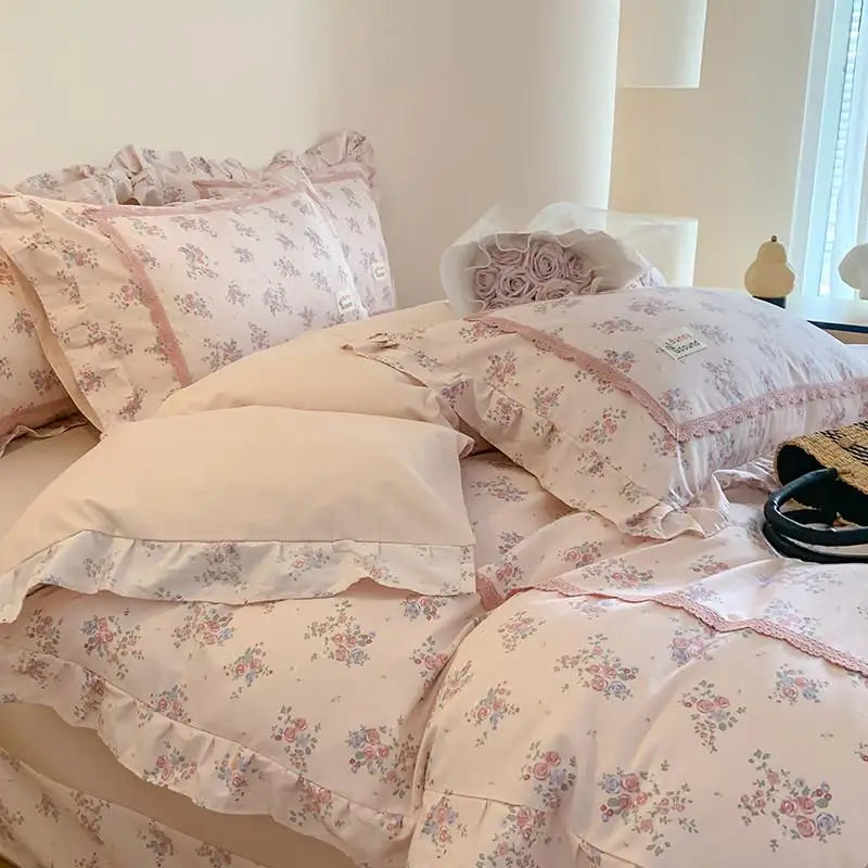 Cyflymder  100% Cotton Spring Garden Flowers Botanical Chic Ruffles Soft Comfortable Double Queen (1Duvet Cover+1Bed Sheet+2Pillowcases)