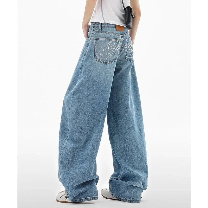 Cyflymder  Women Chic Retro Straight Leg Jeans Girls High Waist Leisure Denim Trousers Female Shinny Crystal Designer Baggy Pants