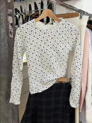 Cyflymder  Blue Floral T-shirts Women Spring Casual Streetwear Cotton Crew Neck Long Sleeve Tees Sweet Vintage Chic Preppy Style Shirts