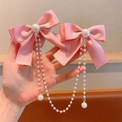 Cyflymder Sweet Princess Style Pink Pearls Chain Bow Hair Clip Women Children's Cute Back Head Hairpins Hair Clips Girls Hair Accessories