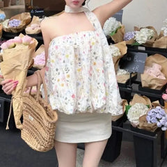 Cyflymder  Color Broken Flowers Strapless Loose Shirts Summer Off Shoulder Female Clothing Dopamine Fashion Sleeveless Sweet Folds Blouse