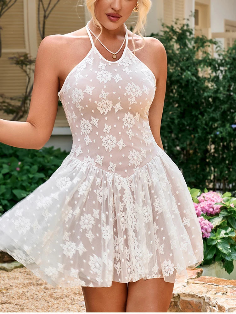 Cyflymder  Women's Halter Backless Lace Mesh Mini Dress Zipper A-line Double Layer Fashion Streetwear Party Short Dresses White