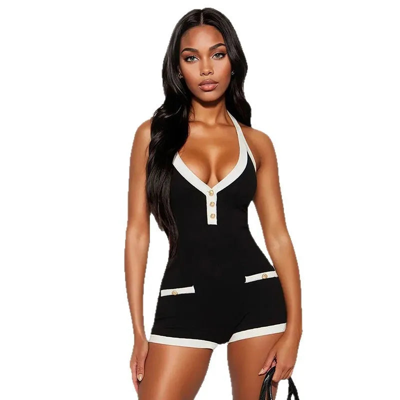 Cyflymder  New Women's Faion Bla White Color Blo Sexy V-ne Hanging Ne Bal Ultra-ort One-piece Pants High Waist Polo