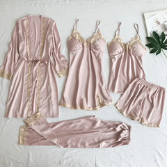 Cyflymder  Sexy Silk Nightgown Batobe Sexy Pure Appetite Women's Summer Long Sve Floral Print V-cut Slip Five Pcs Spwear Set