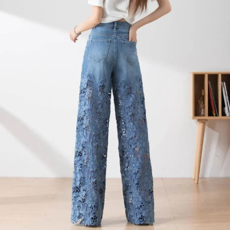Cyflymder  Fashion Elegant Jeans for Women High Waist Lace Patchwork Pantalones Hollow Out Oversized Spring Casual Loose All Match Pants