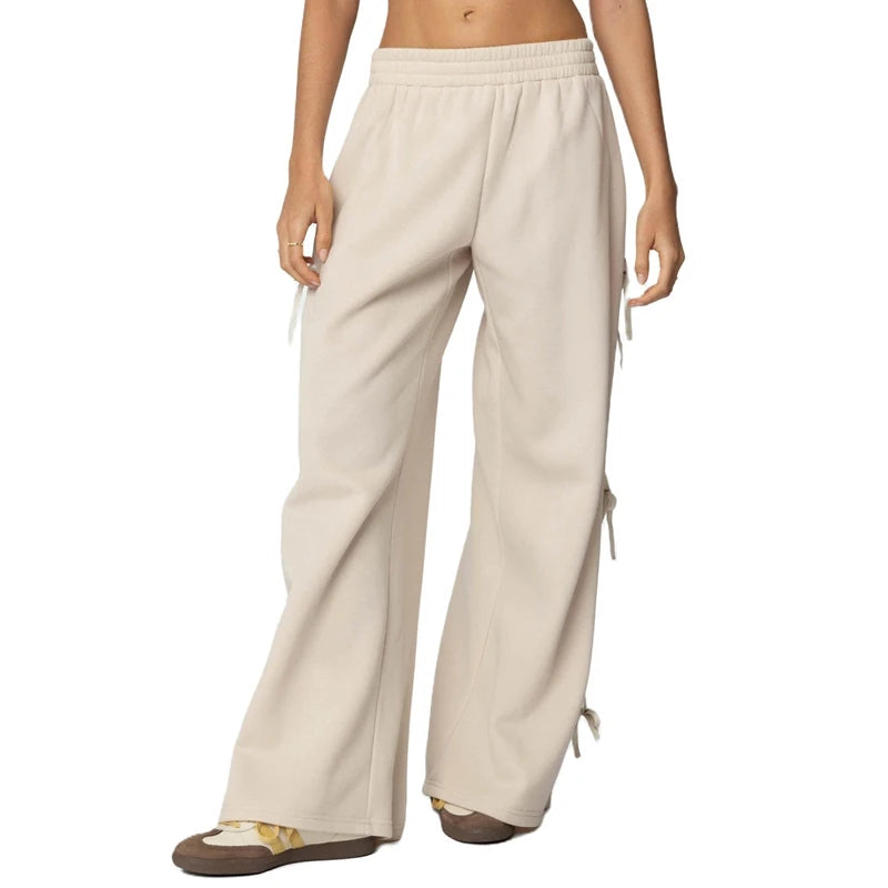 Cyflymder  Women Loose Fit Sweatpants Preppy Cute Side Bow Tie Up Trousers Casual High Waist Wide Leg Pants Lounge Bottoms