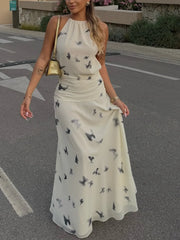 Cyflymder  Casual Fashion Women's Printed Dress Backless Sleeveless Open Back Zipper Drape Long Tie-up Dress Summer Holiday Party Dress