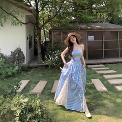 Cyflymder  Korean Style Blue Plaid Lace Halter Dress Women Summer 2025 Sweet Beach Vacation Maxi Skirt Long Dress One Shoulder Sleeveless