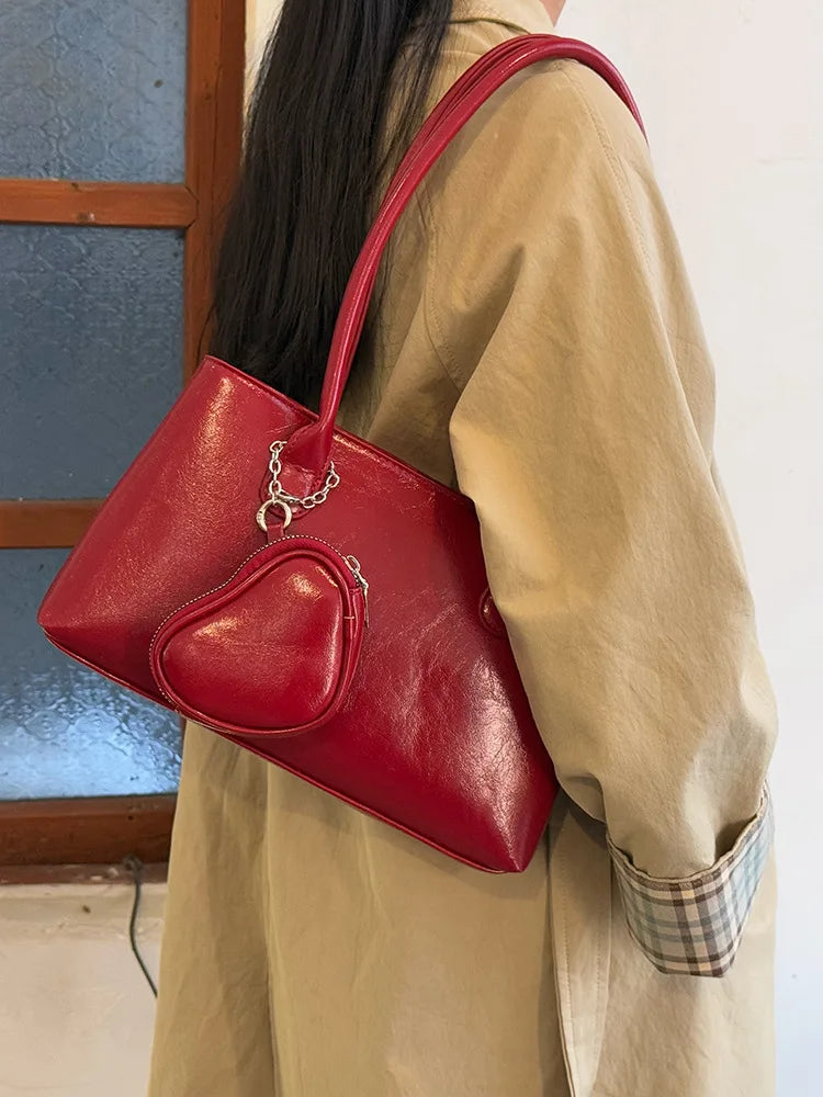 Cyflymder  Korean Long Handle Shoulder Bag, Large Capacity Women's Commuting Tote Bag, Fashionable and Elegant Wine Red Bridal Bag