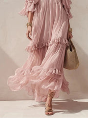 Cyflymder  Women's Ruffled Tiered Maxi Dress V-Neck Off-shoulder Flutter Flowy Chiffon Gown Elegant Chic Boho Sexy High Waist Summer Dress
