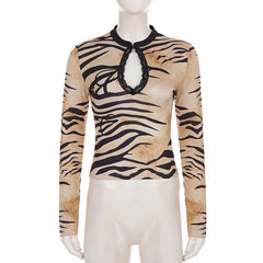 Cyflymder  Women Animal Print Long Sleeve Tops Keyhole Cutout Front Lace Trim Slim Fit Cropped Blouse Vintage Streetwear Tee Shirt