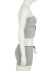 Cyflymder  Casual Bandage Shorts Sets Women 2025 Basic Slim 2 Piece Sets Folds Slash Neck Sleeveless Tube Tops Low-Waist Shorts