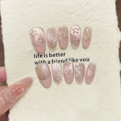 Cyflymder  10Pcs French Almond Handmade Press on Nails Pink Cat Eye Fake Nails Flower False Nails 네일팁 Накладные Ногти Uñas Postizas Mujer