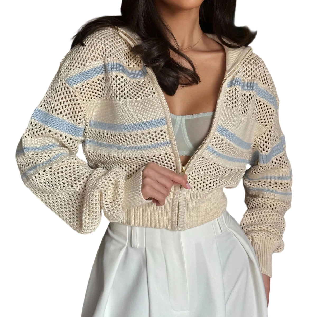Cyflymder  Ladies Striped Knit Cardigan with Zipper Closure and Hollow Details Fashionable Turn Down Collar Long Sleeve Sweater Coat
