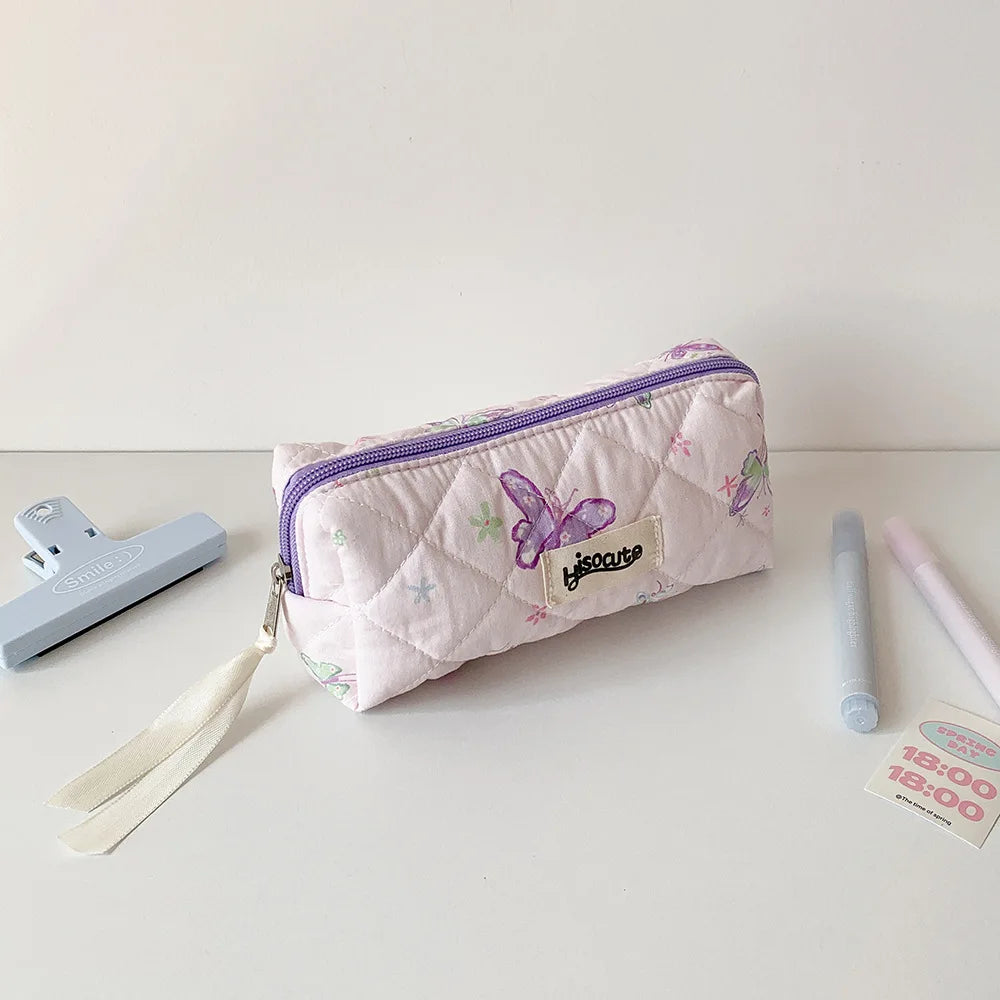 Cyflymder  1 Piece Korean Fashion Aesthetic Butterfly Pencil Case Print Floral Pink Purple Color Stationery Storage School Student Pen Bag