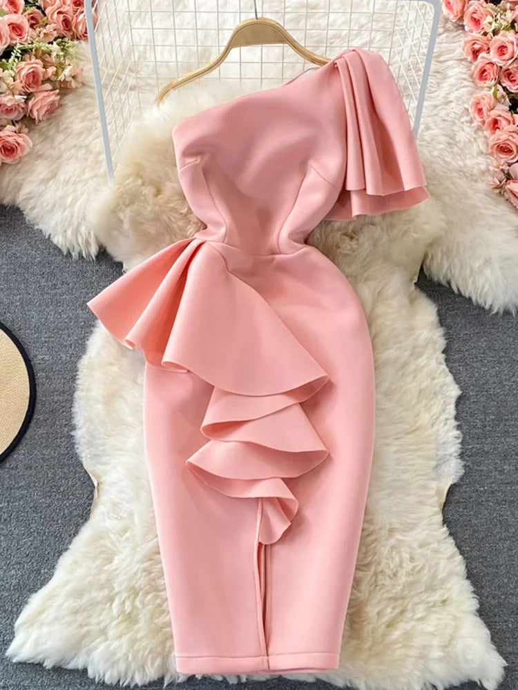 Cyflymder Christmas DRESS TO IMPRESS Sweet Style Y2K Long Dresse For Women Three-dimensional Ruffles Split Diagonal Collar Dresses Spring Summer New