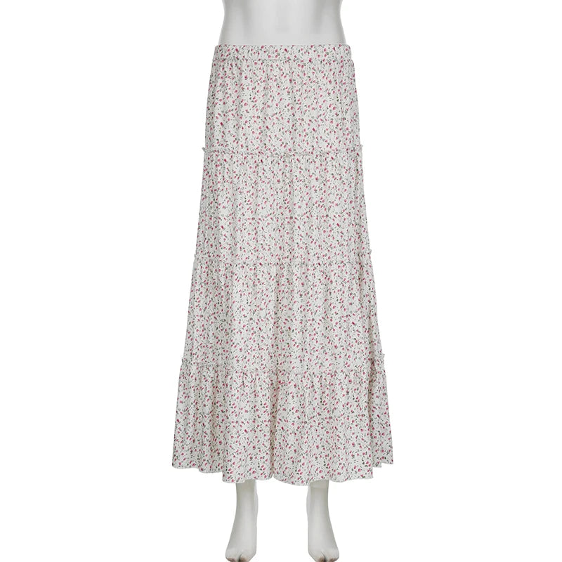 Cyflymder  Casual Women's Floral Skirt Summer Vacation Elastic Waistband Long Skirt All Match Elegant Outfit Harajuku Boho Clothes