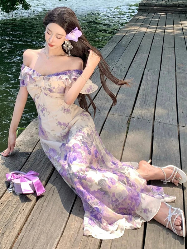 Cyflymder  Summer New plus Size Purple Floral Print V-Ne Long Dr Women's Ele Waist-Cinching Holiday Dr Sweet n Sle