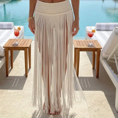 Cyflymder  Women's Crochet Fringe Skirt High Waisted Hollow Out Knit Long Skirts for Summer Beach Cover Up Solid Tassel Floor Length Skirt