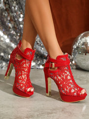 Cyflymder   Spring New High Heel Sandals Cool Boots Women's Lace Mesh Embossed Waterproof Platform Fashion Sexy Fish Mouth Short Boots