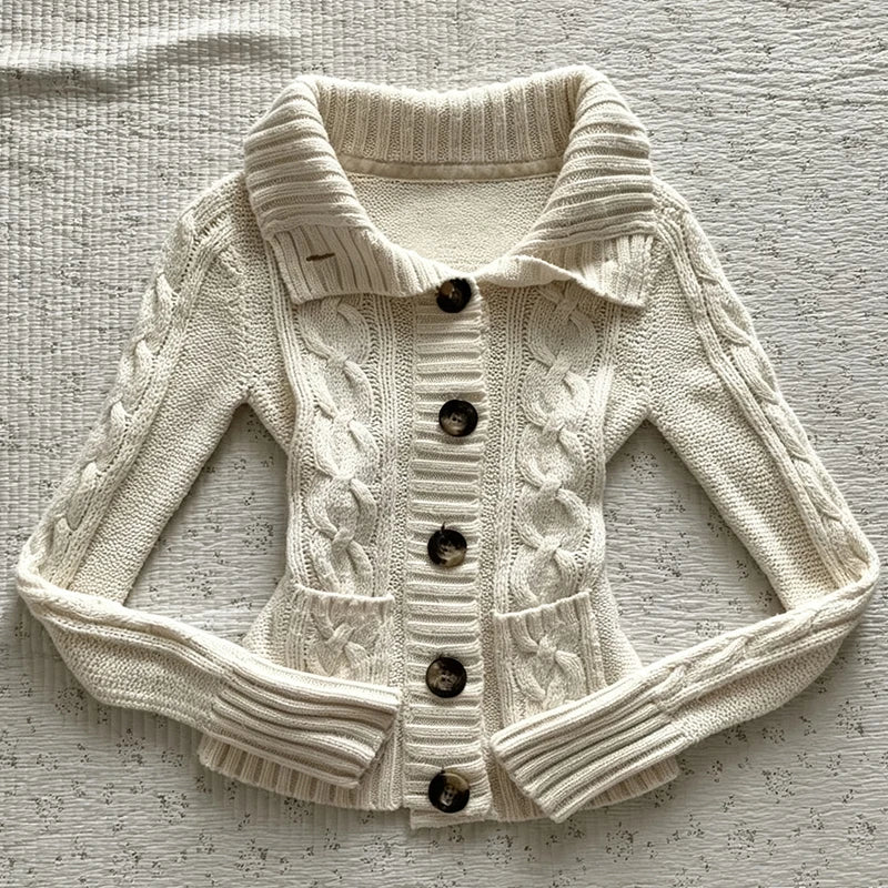 Cyflymder  Women Y2K Vintage Cream White Cable Knit Cardigan Lapel Collar Button‑Down Long‑Sleeve Cropped Knitted Sweater With Pockets