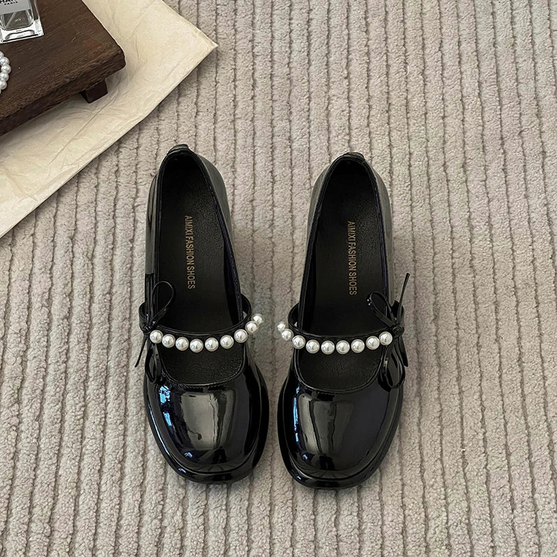 Cyflymder  Shoes Woman Flats Oxfords Shallow Mouth Pearl Decorateion Dress Leather Summer Beading On Heels New Mary Janes High Pumps