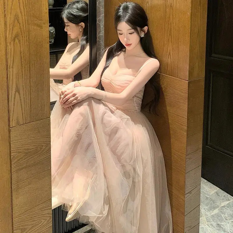 Cyflymder  Summer French Vintage Sweet Pink Mesh Sexy Pleated Slip Long Dresses Women Elegant High Waist Backless Evening Party Dress Trend