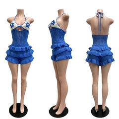 Cyflymder  Doyerl Crochet Knitted Romper Woman Jumpsuit Shorts Beach Style Holiday Halter V-neck Floral Hollow Out Ruffles Summer Playsuit