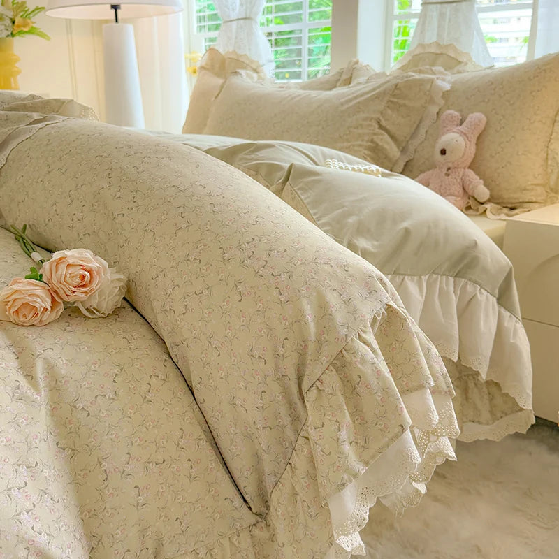 Cyflymder  Korean Princess Style Small Florals Lace Ruffles 600TC Cotton Brushed 4Pcs Bedding Set Duvet Cover Flat/Fitted Sheet Pillowcases