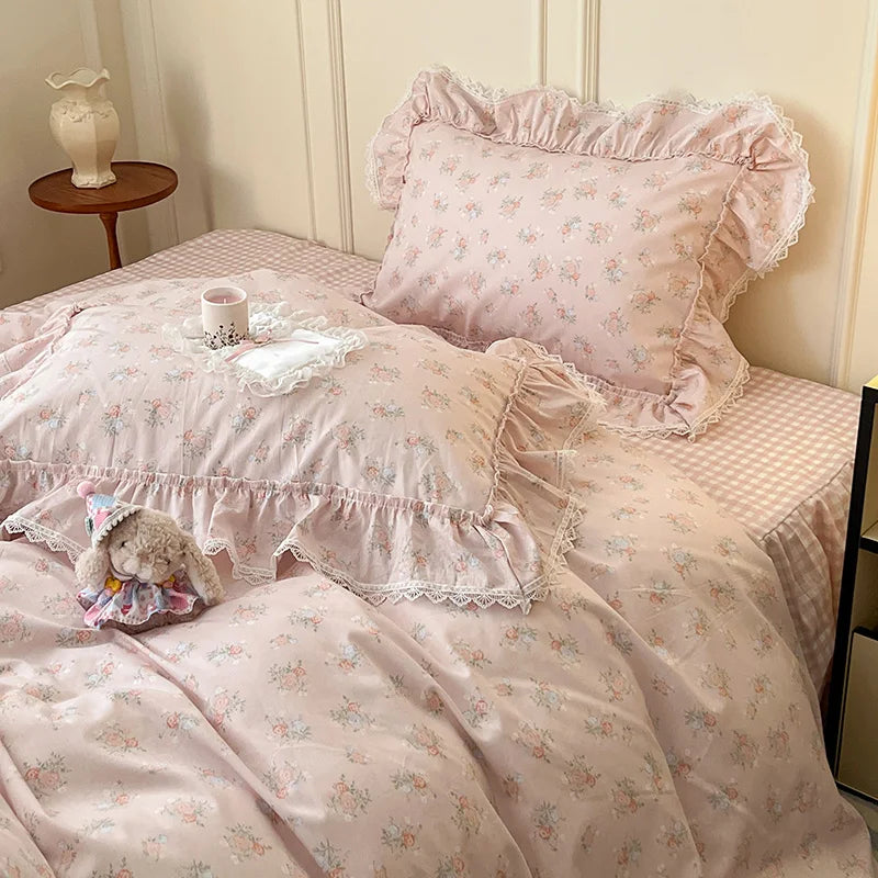 Cyflymder  Korean Princess Style Ruffles Flower Print Bedding Set Duvet Cover Set Bed Skirt Bedspread Pillowcases 100% Cotton Home Textile