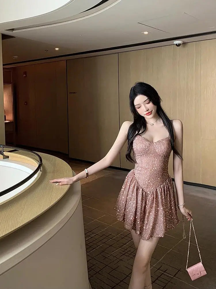 Cyflymder  Sexy Suspender Shiny Sequin Skirt Waist Slimming and Pleated Dress