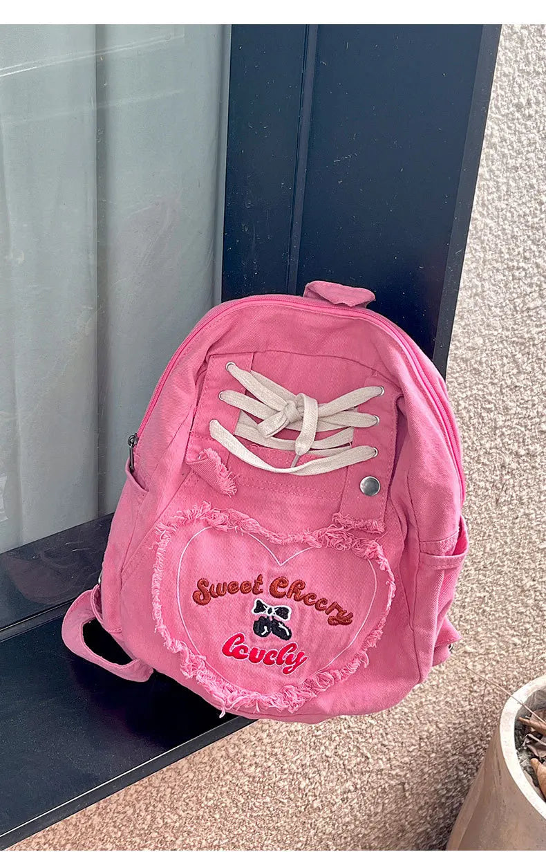 Cyflymder  Cute Pink Denim Women Backpacks Large capacity shoulder Bags Girls School Bags Embroidered letters daypacks Travel Jean Bagpack