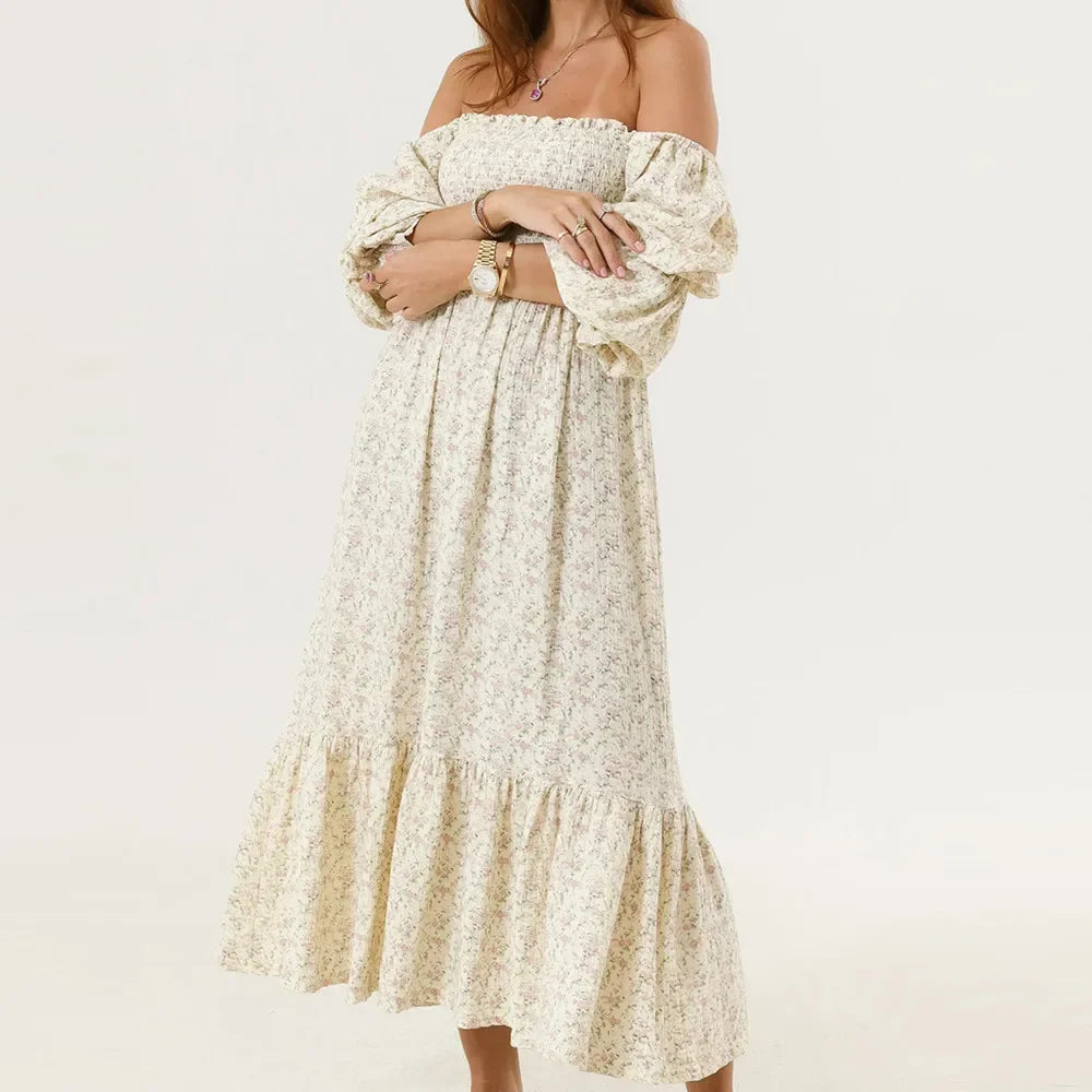 Cyflymder  Woman Vintage Floral Dress Puff Long Sleeve Off Shoulder Ruffle Long Dress Spring Fall Casual Vintage Bohemian Dresses