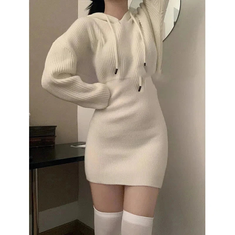 Cyflymder Spring Autumn New Fashion Hooded Long Sleeve Solid Color Knitted Dress Women High Street Slim Dresses Elegant Chic Vestidos