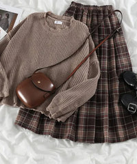 Cyflymder Preppy Vintage Sweater Two-piece Set Women's Loose Knit Pullover Autumn High Waist Coffee Plaid Skirt Gentle Girly Single Piece