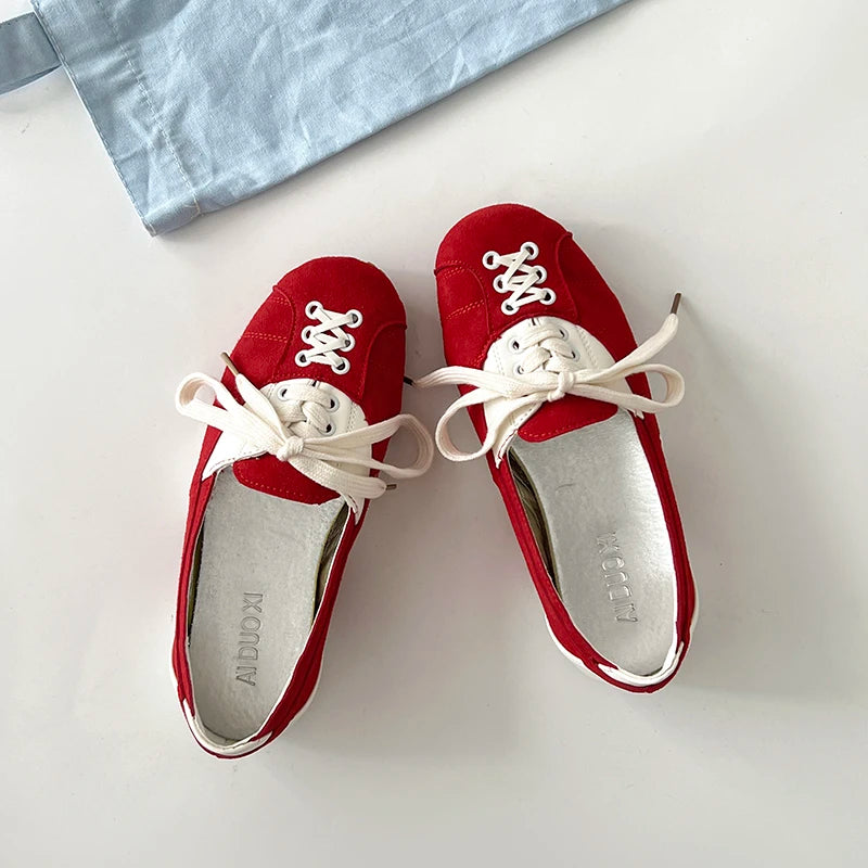 Cyflymder  Korean Style Women's Ballet Slippers 2025 Autumn New Design Sensibility Flat Bottom Tied Shoes Adult Color Block Style