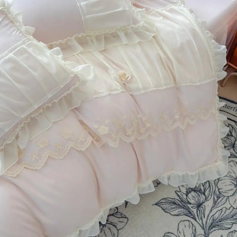 Cyflymder  Luxury Solid Color Bed Skirt Bedding Sets with Lace Silky Breathable Bedclothes for Home All Seasons Single Double Bedspread Kit