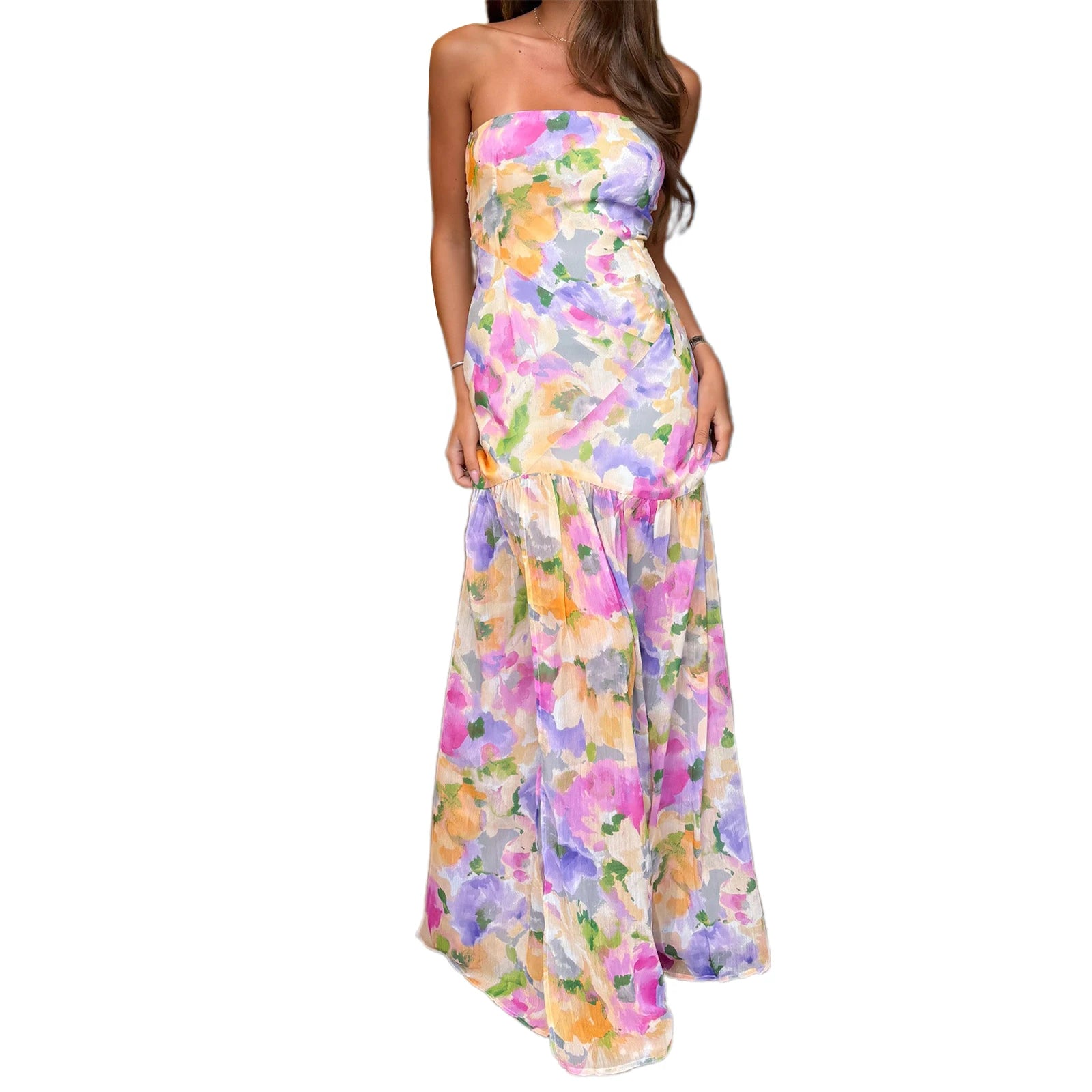Cyflymder  Elegant Off-Shoulder Maxi Dress with Boho Floral Print and Open Back Design for Summer Wedding Party Vacation Wear