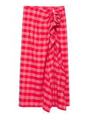 Cyflymder   Elegant Summer Red Plaid Midi Skirt For Women Chic High Waist Stacked Ruffle Decoration Midi Skirt Female Party Wear
