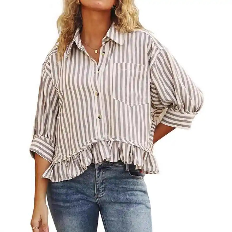 Cyflymder  Casual Stripe irt Women's Summer Top Button down ort Sve Gathered Hem Bubble Sve Polyester Fiber Commute Sleeve