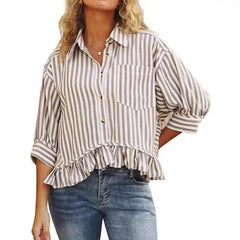 Cyflymder  Casual Stripe irt Women's Summer Top Button down ort Sve Gathered Hem Bubble Sve Polyester Fiber Commute Sleeve